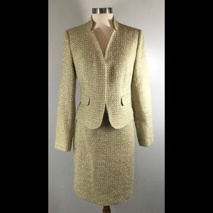 Calvin Klein Sz 4 Tweed 2 Piece Suit Jacket & Skirt Set Yellow Gold Metal